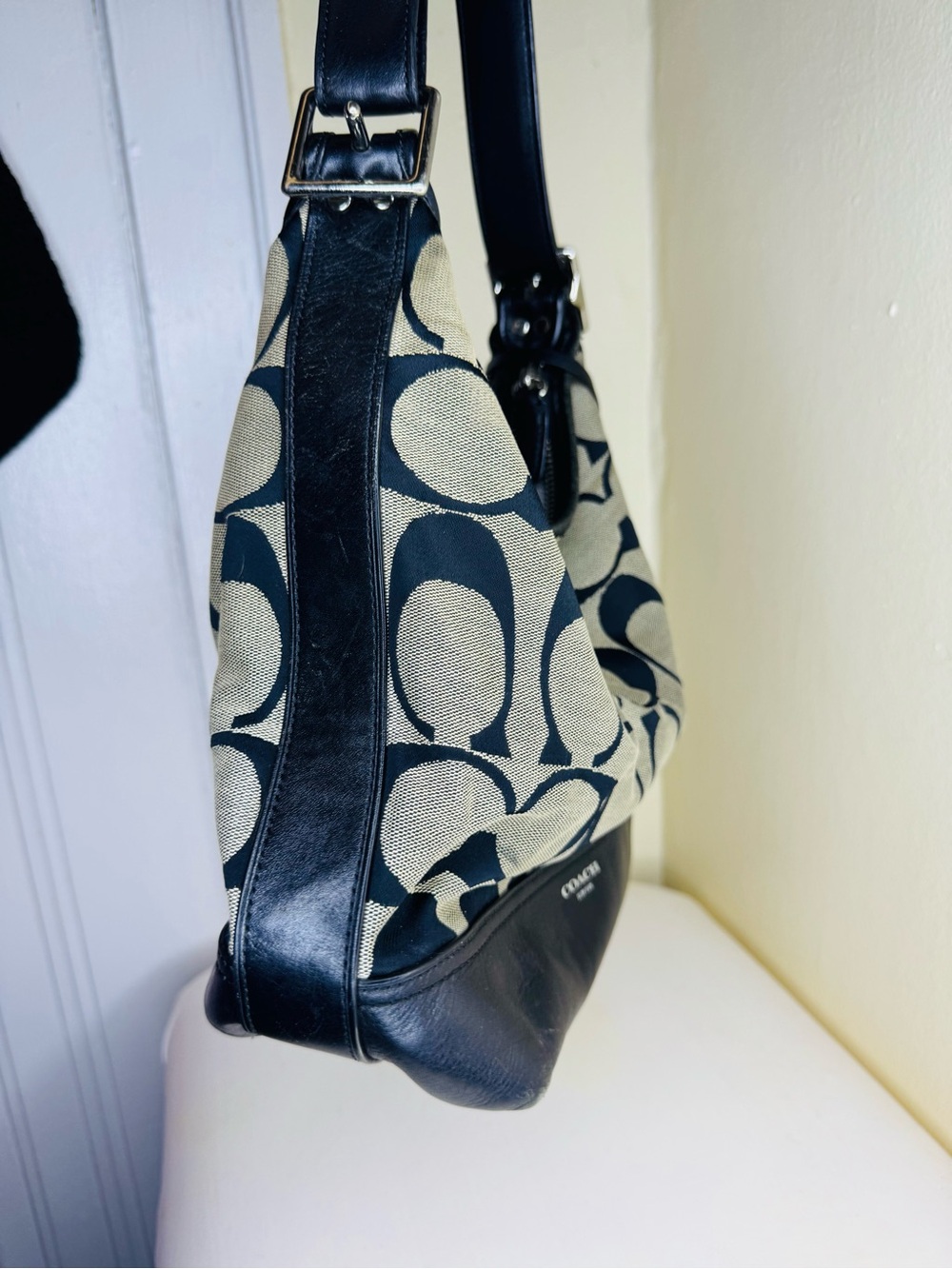 Coach Black and Beige Signature Canvas Shoulder Bag with Tassel - Picture 2 of 13